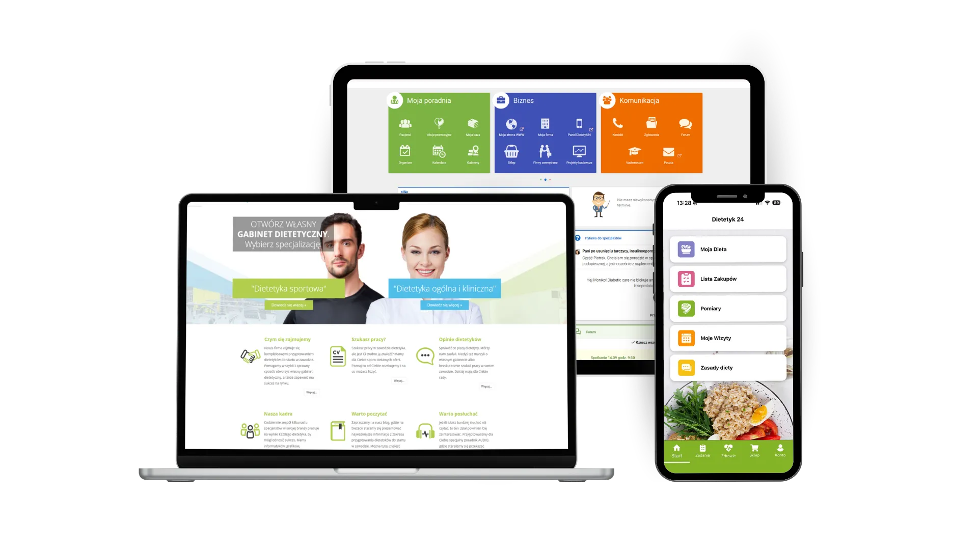 Wizualizacja systemów Profi Diet i Dietetyk24 na laptopie, tablecie i telefonie